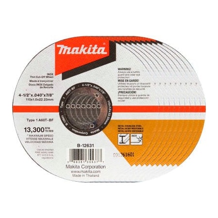 Makita Makita INOX Thin Cut-Off Wheel, 60 Grit, Type 1, 4-1/2inDia x 1/25inT x 7/8inCntr Hole Dia, 10/Pk B-12631-10